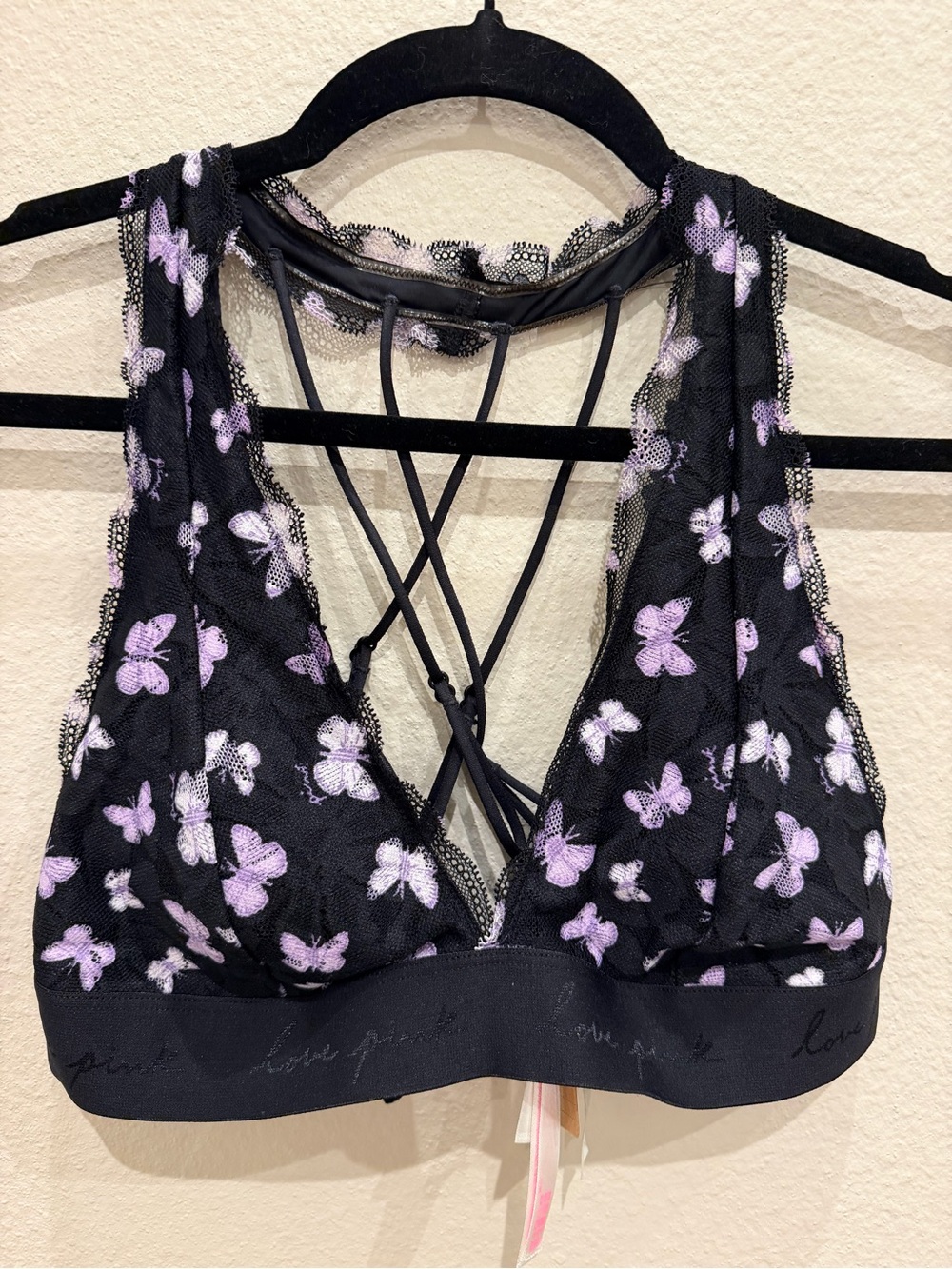 NWT PINK Lace Bralette with Lavender Butterfly Embroidery - Black